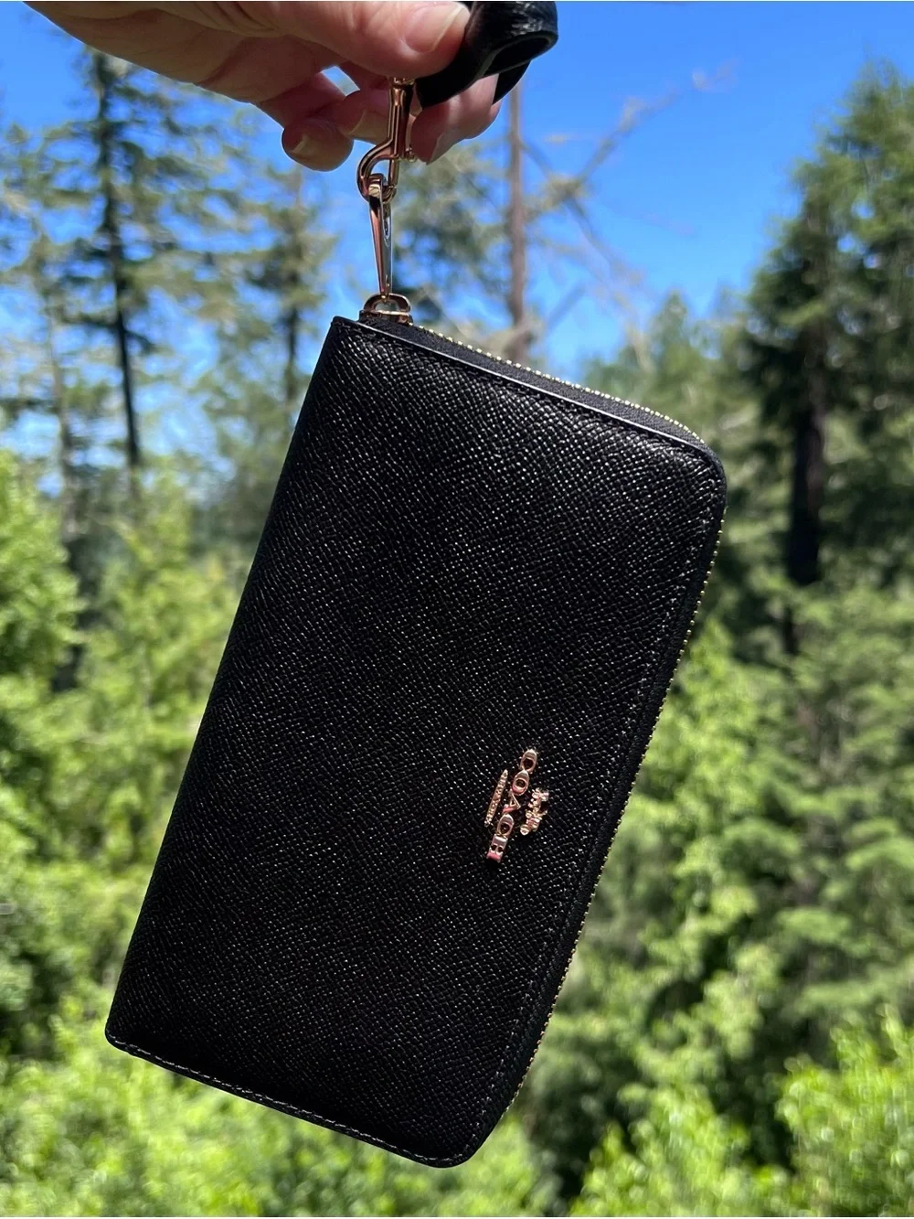 COACH Long Zip-Around Black Crossgrain Leather Phone Wallet with Gold Hardware